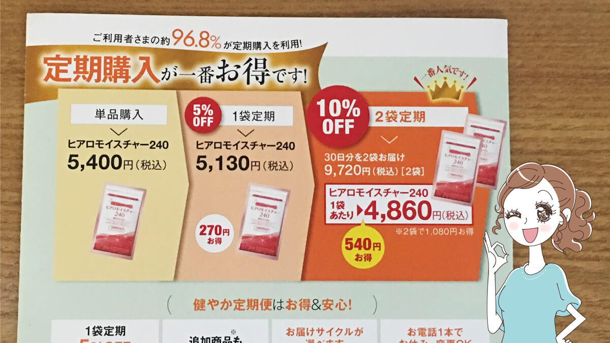 ヒアロモイスチャー240は、定期で2袋ずつ買うと、さらにおトクになります♡ ヒアロモイスチャー240をいちばんおトクに買う方法